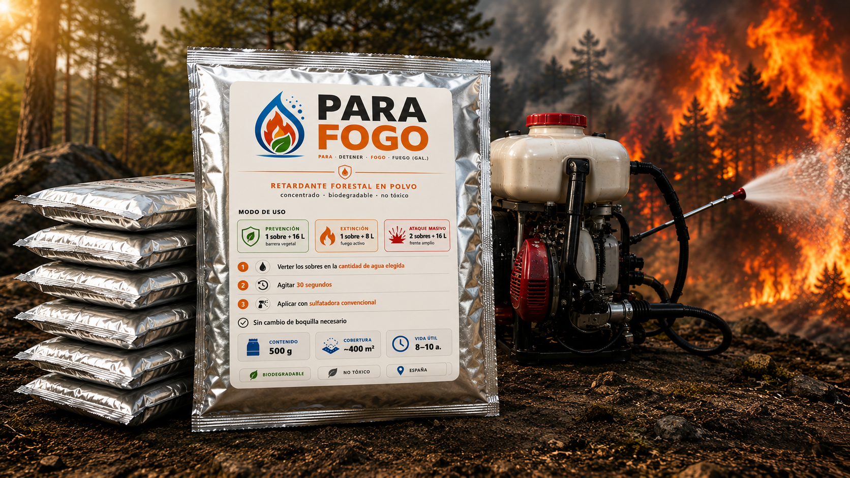 PARAFOGO — sobre retardante forestal con sulfatadora en escena de incendio